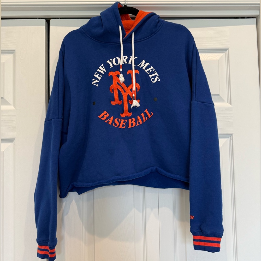 New Era Women's Crop Sweatshirt New York Mets Hoodie Size Large Blue / Orange